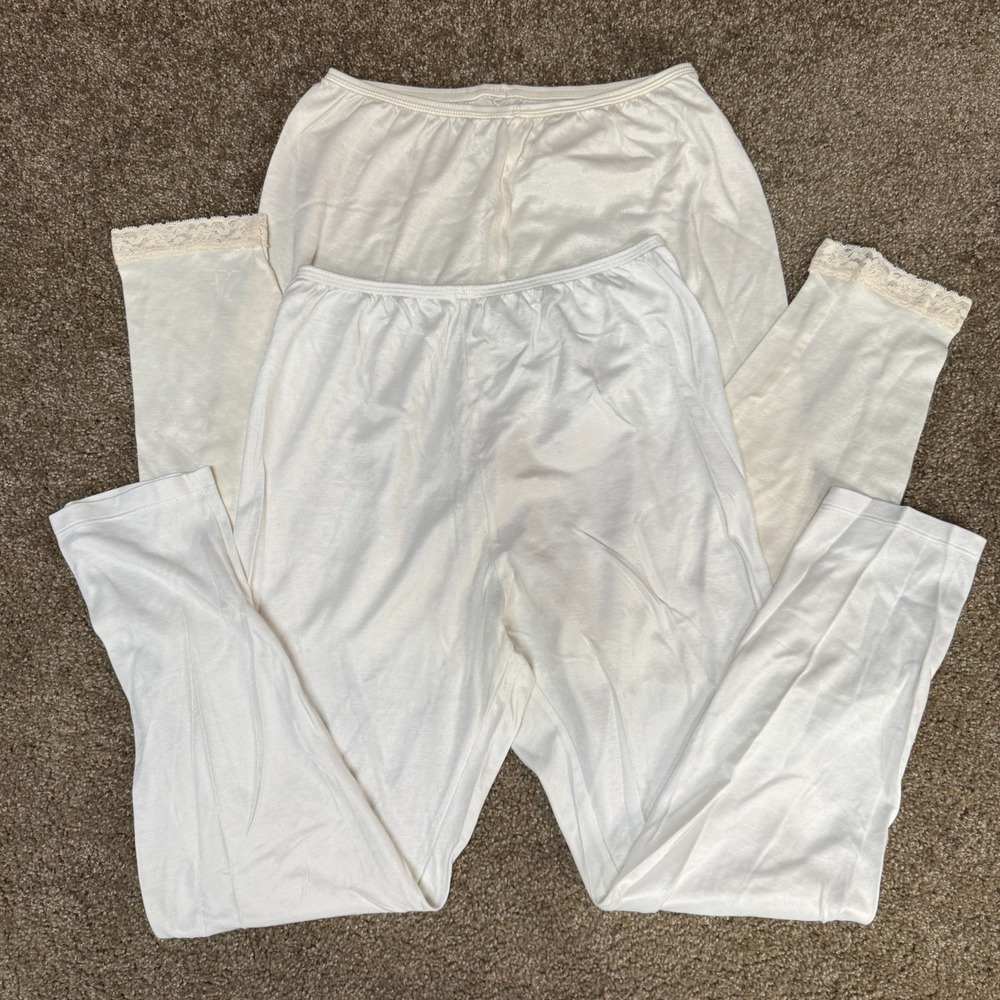 Vintage Cuddl Duds Layering Pants Lot Of 2 Womens 1X White Cotton Sleepwear Warm